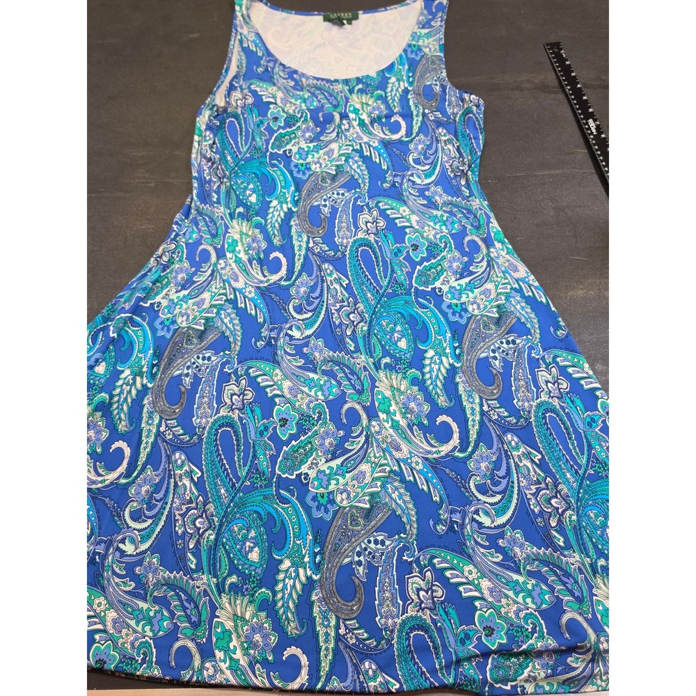 Lauren Ralph Lauren Blue Green Paisley Rayon Sleeveless A-Line Dress Large